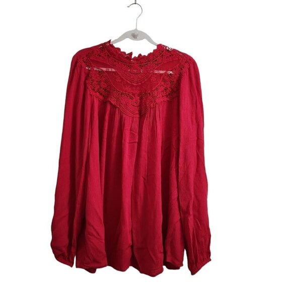 Torrid Blouse 1X Red Crinkle Gauze Crochet Detail Top‎ Longsleeve Casual - Picture 1 of 12